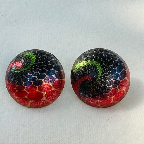 Rainbow Spiral Tie Dye Peacock Earrings Maximalist Bold Statement Pierced - Picture 1 of 4
